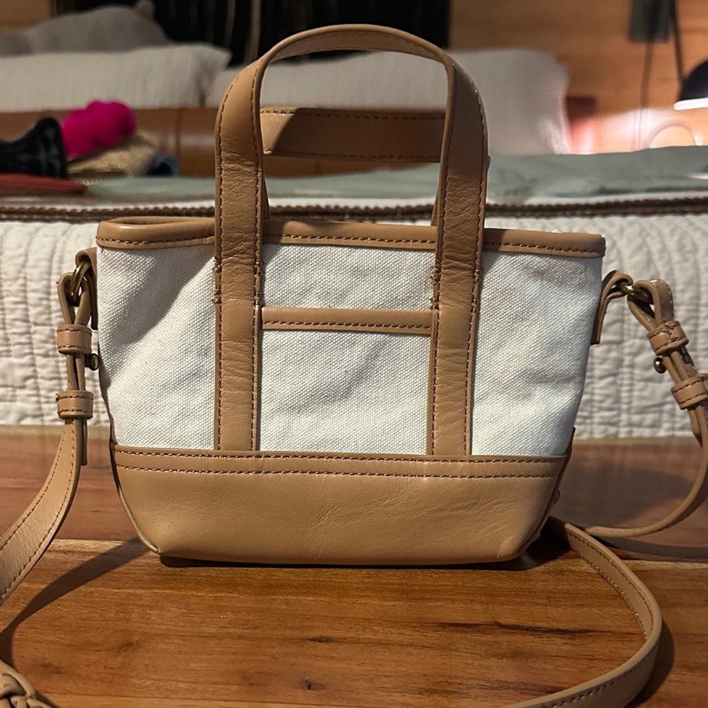 J. Crew Tan and White Mini Boat & Tote Bag